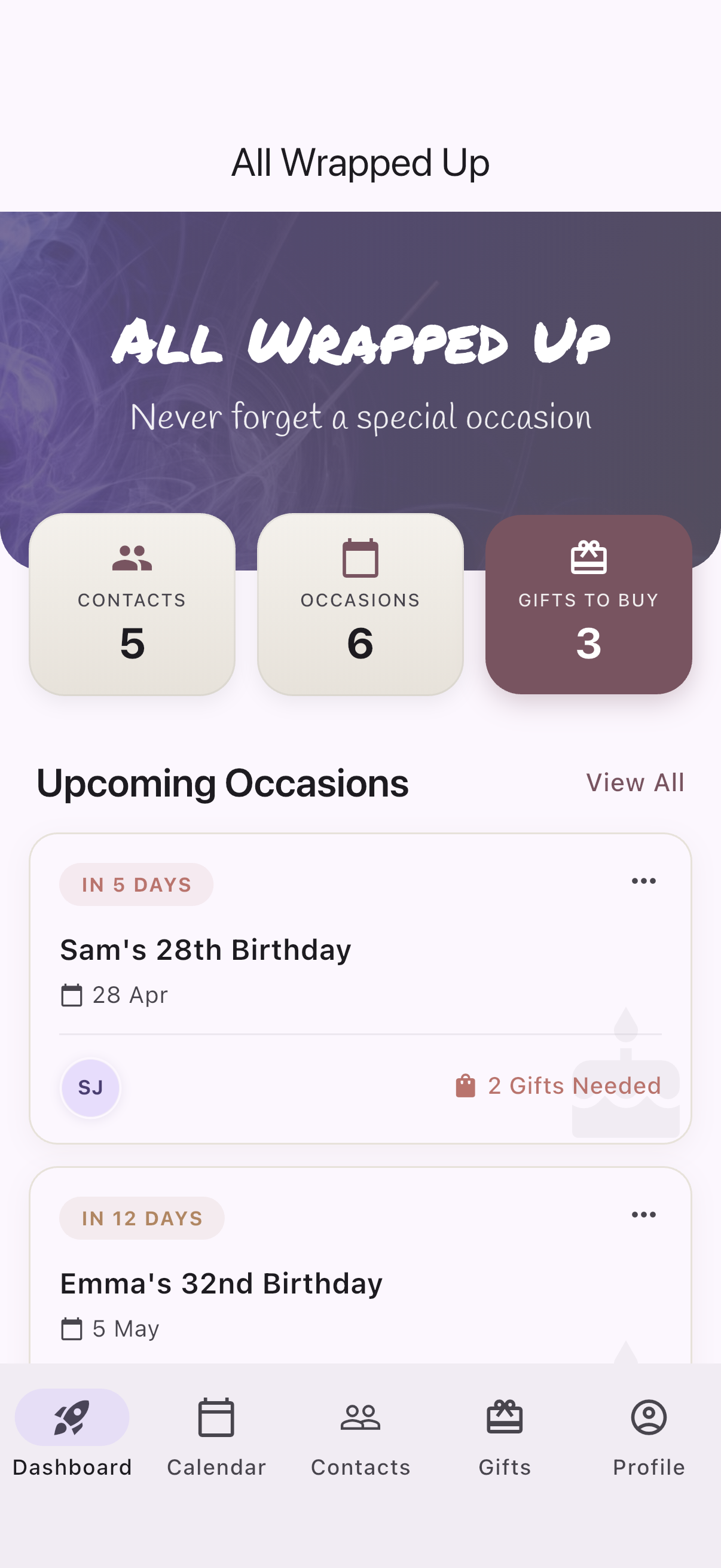 Dashboard showing upcoming occasions and gift counts
