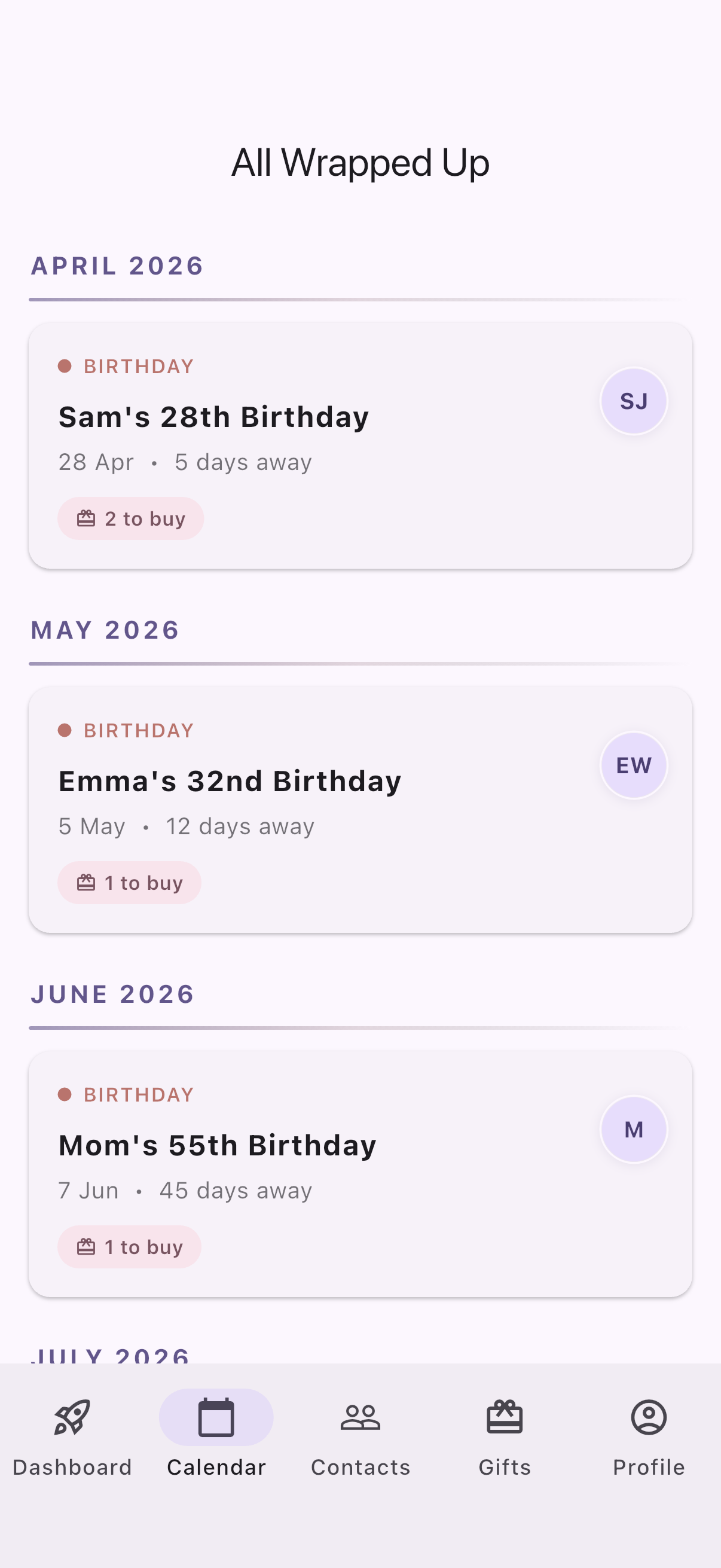 Calendar view of all special dates