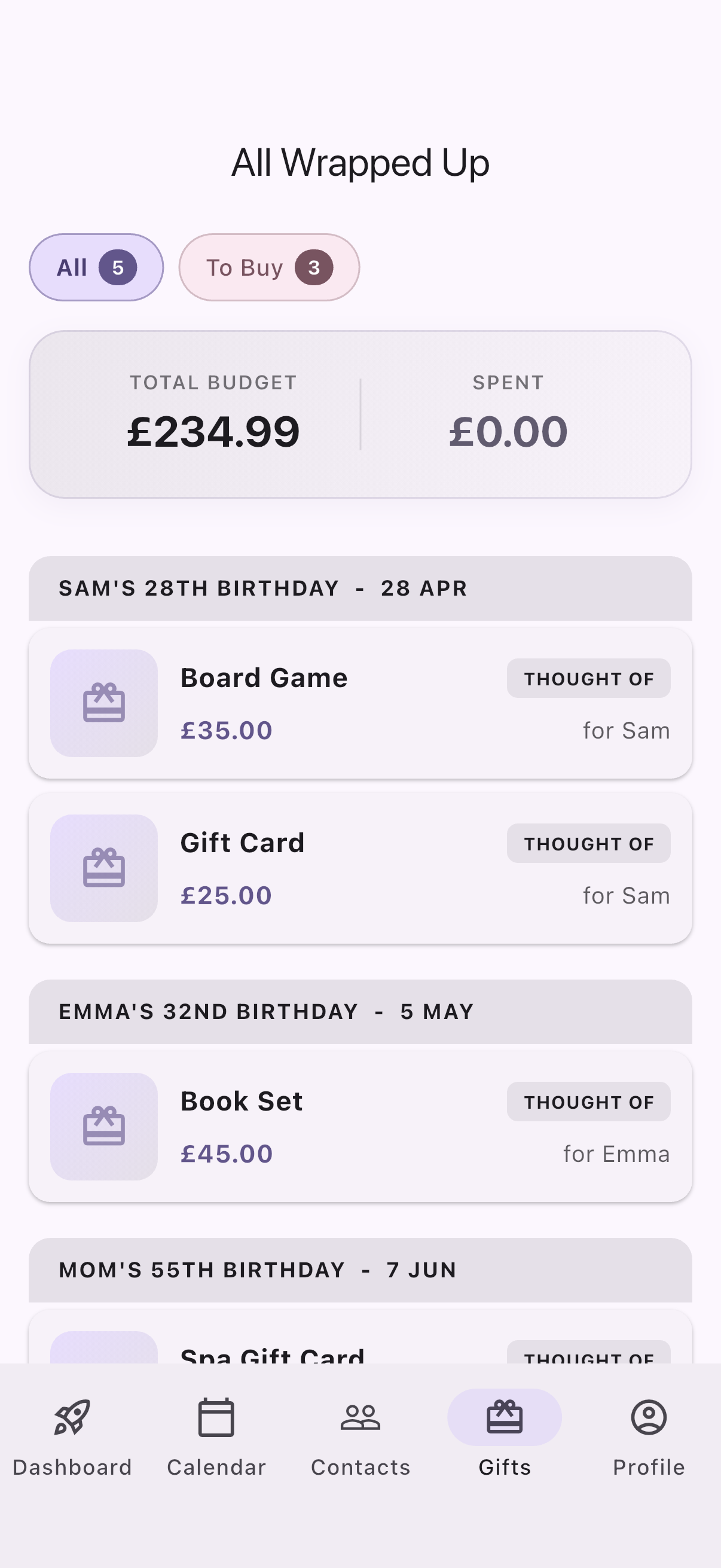 Gift ideas list with status tracking