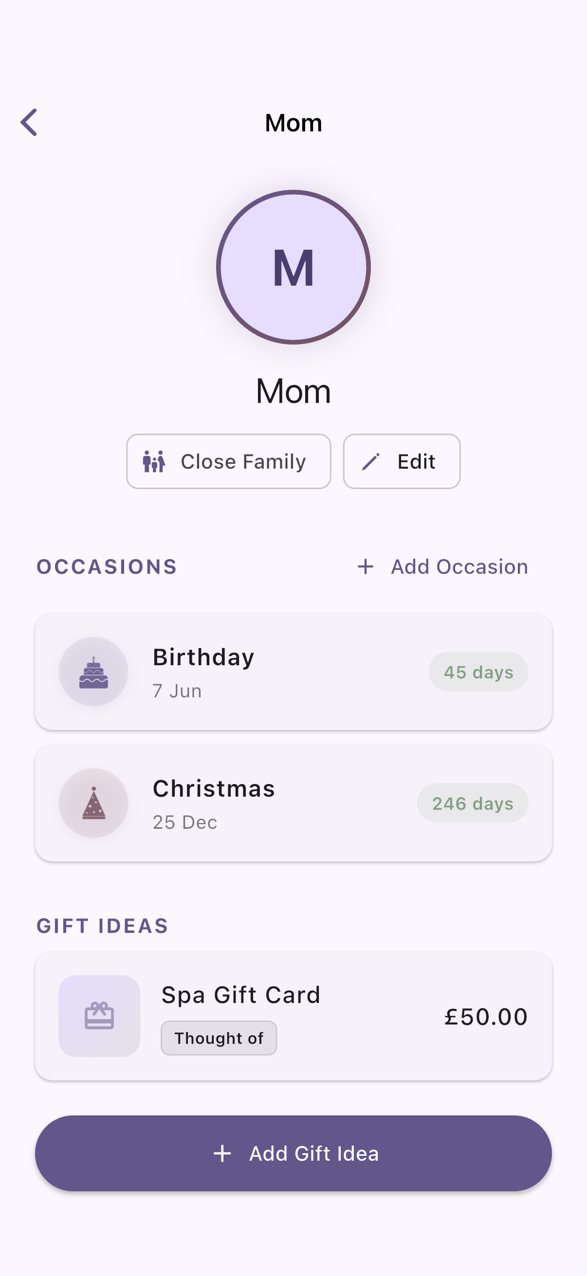 Contact detail with occasions and gift ideas