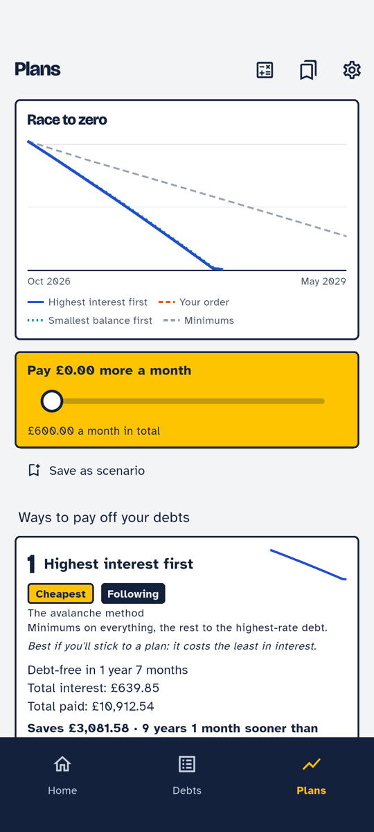 Plans screen comparing payoff methods in a race-to-zero chart